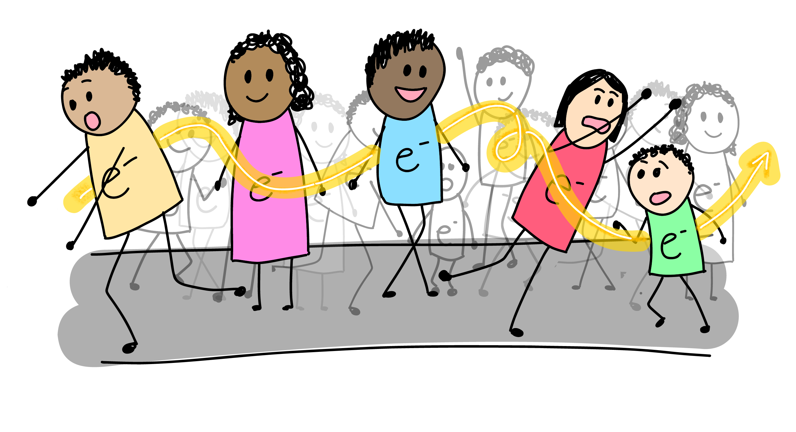 a cartoon of electrons (represented by stick figures wearing shirts with an 'e') on a crowded sidewalk